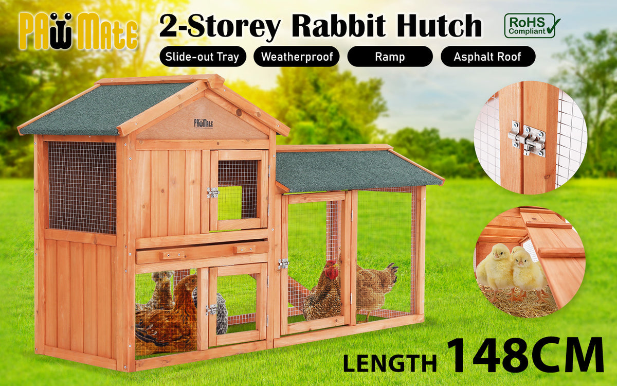Paw Mate Rabbit Hutch Chicken Coop | 2-Storey Pet Cage Run | 148x44x84.5cm