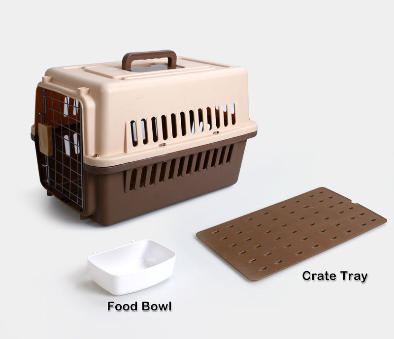 Small Dog Cat Rabbit Crate | Pet Carrier with Bowl & Tray | Brown