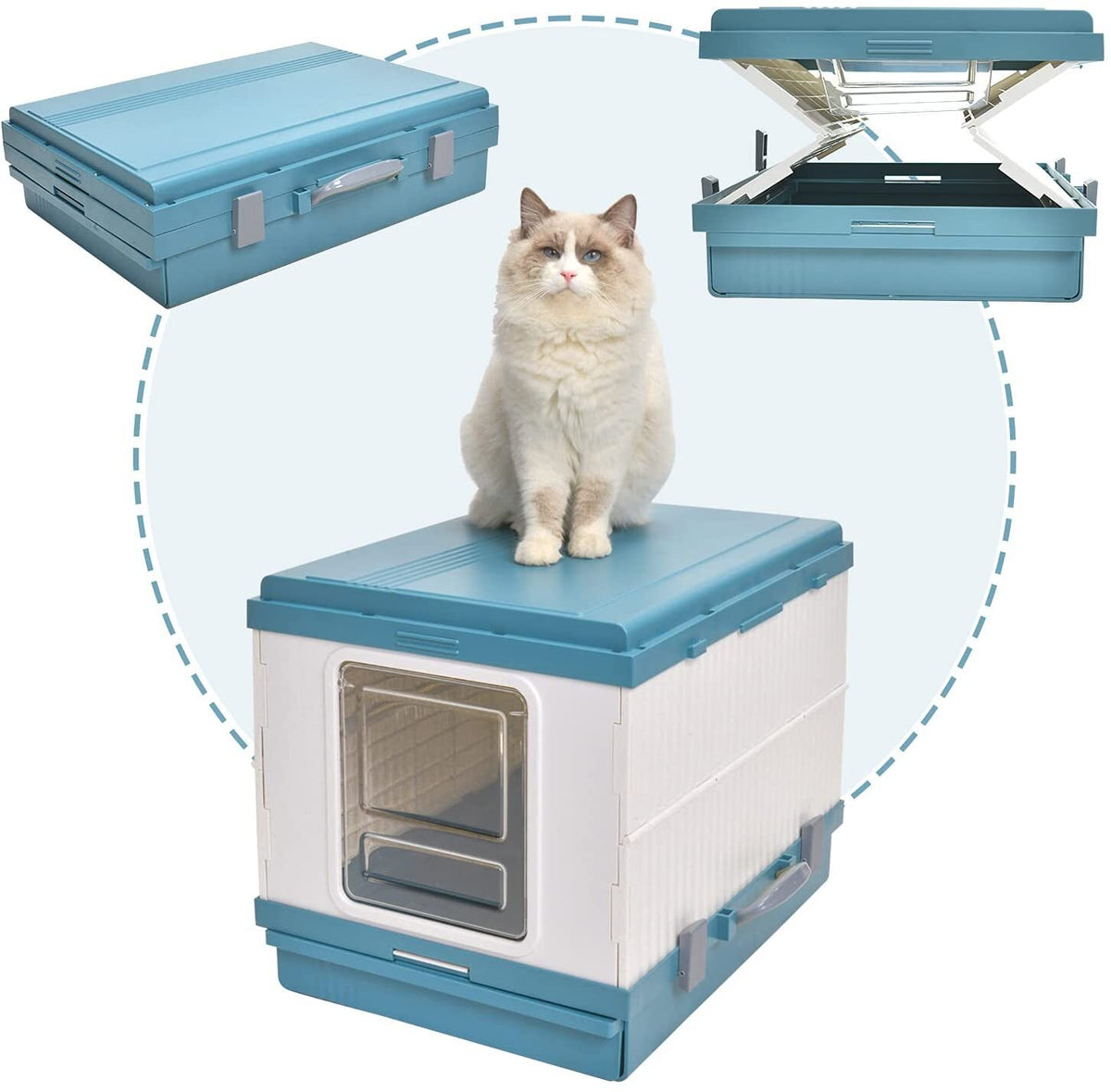 XL Portable Cat Toilet Litter Box Tray Foldable House | with Handle and Scoop, Blue