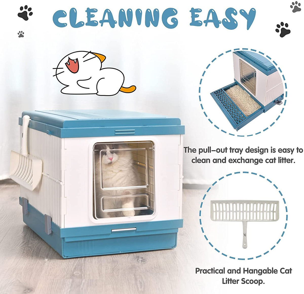 XL Portable Cat Toilet Litter Box Tray Foldable House | with Handle and Scoop, Blue