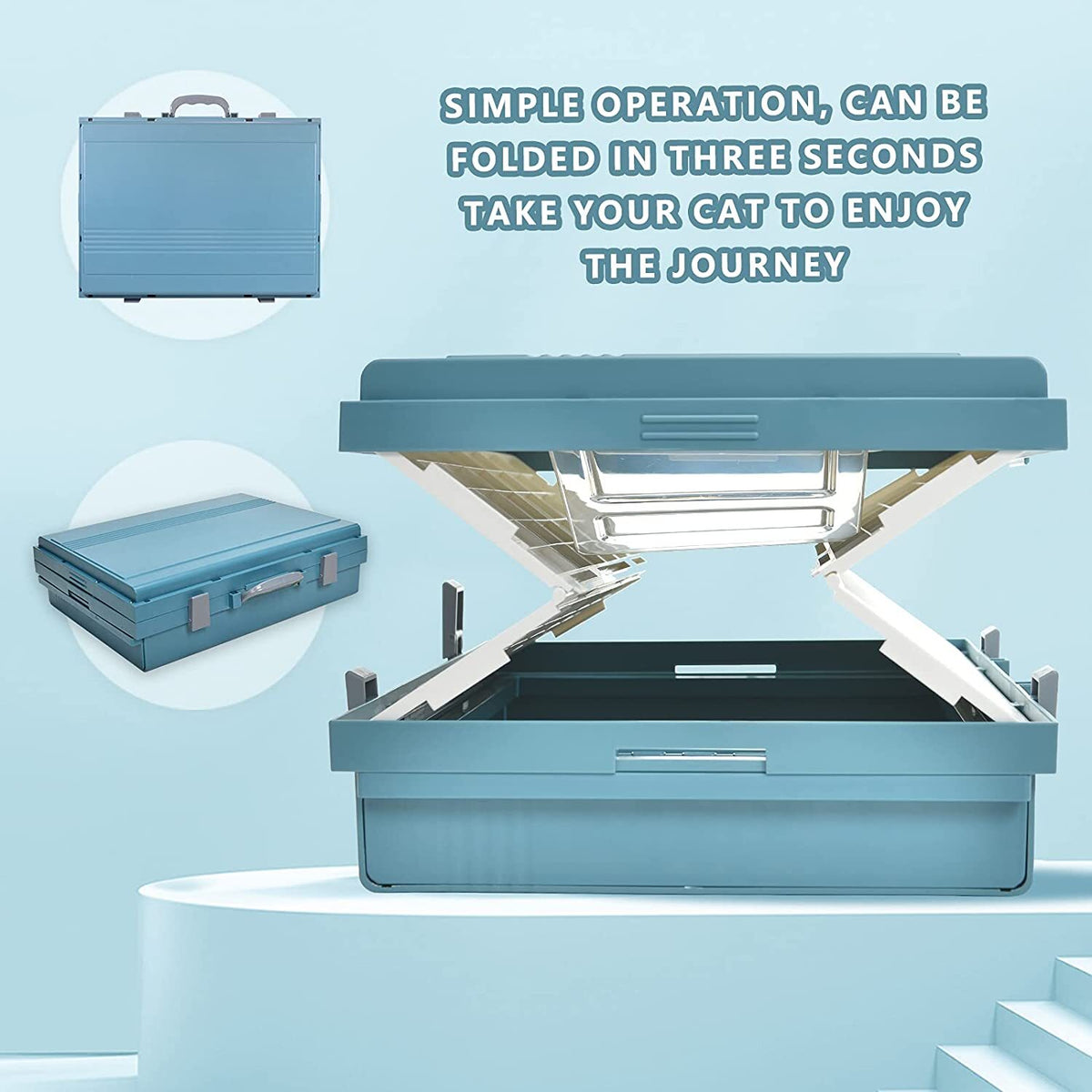 XL Portable Cat Toilet Litter Box Tray Foldable House | with Handle and Scoop, Blue