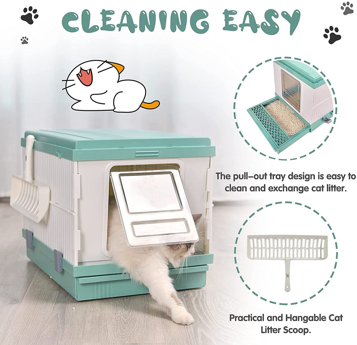 XL Portable Cat Toilet Litter Box Tray Foldable House | with Handle and Scoop, Green