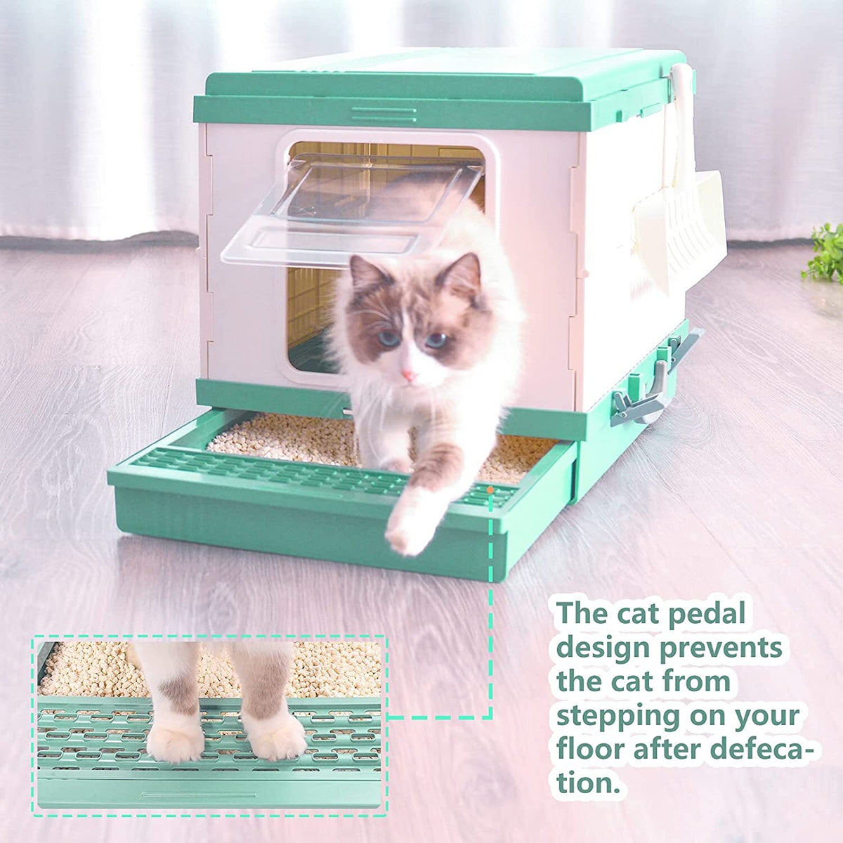 XL Portable Cat Toilet Litter Box Tray Foldable House | with Handle and Scoop, Green