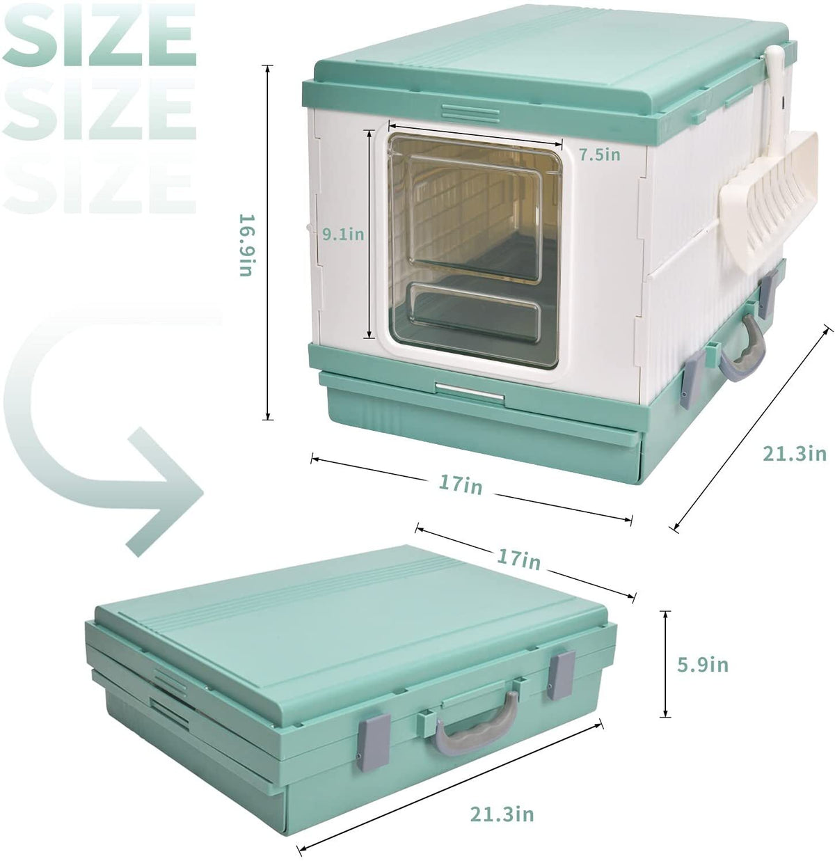 XL Portable Cat Toilet Litter Box Tray Foldable House | with Handle and Scoop, Green