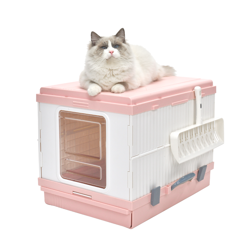 XL Portable Cat Toilet Litter Box Tray Foldable House | with Handle and Scoop, Pink