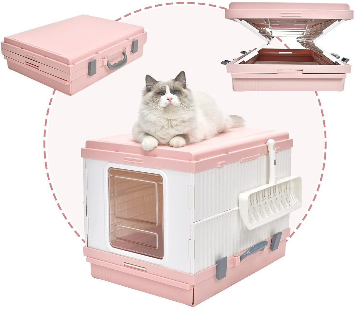 XL Portable Cat Toilet Litter Box Tray Foldable House | with Handle and Scoop, Pink