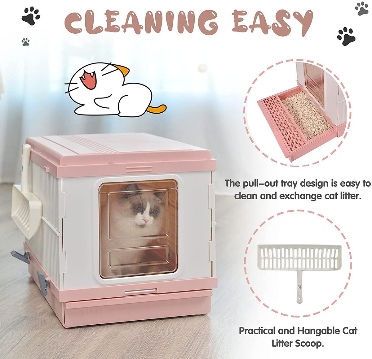 XL Portable Cat Toilet Litter Box Tray Foldable House | with Handle and Scoop, Pink