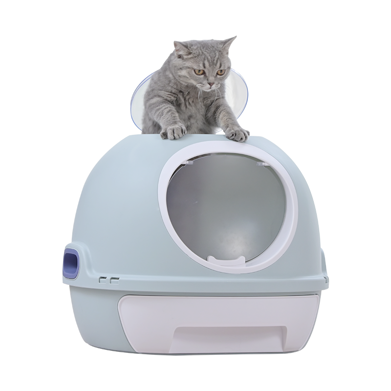 Hooded Cat Toilet Litter Box Tray House | With Drawer & Scoop, Blue