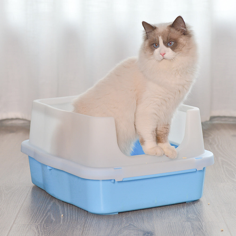 Large Deep Cat Litter Tray with High Wall & Scoop (Blue)