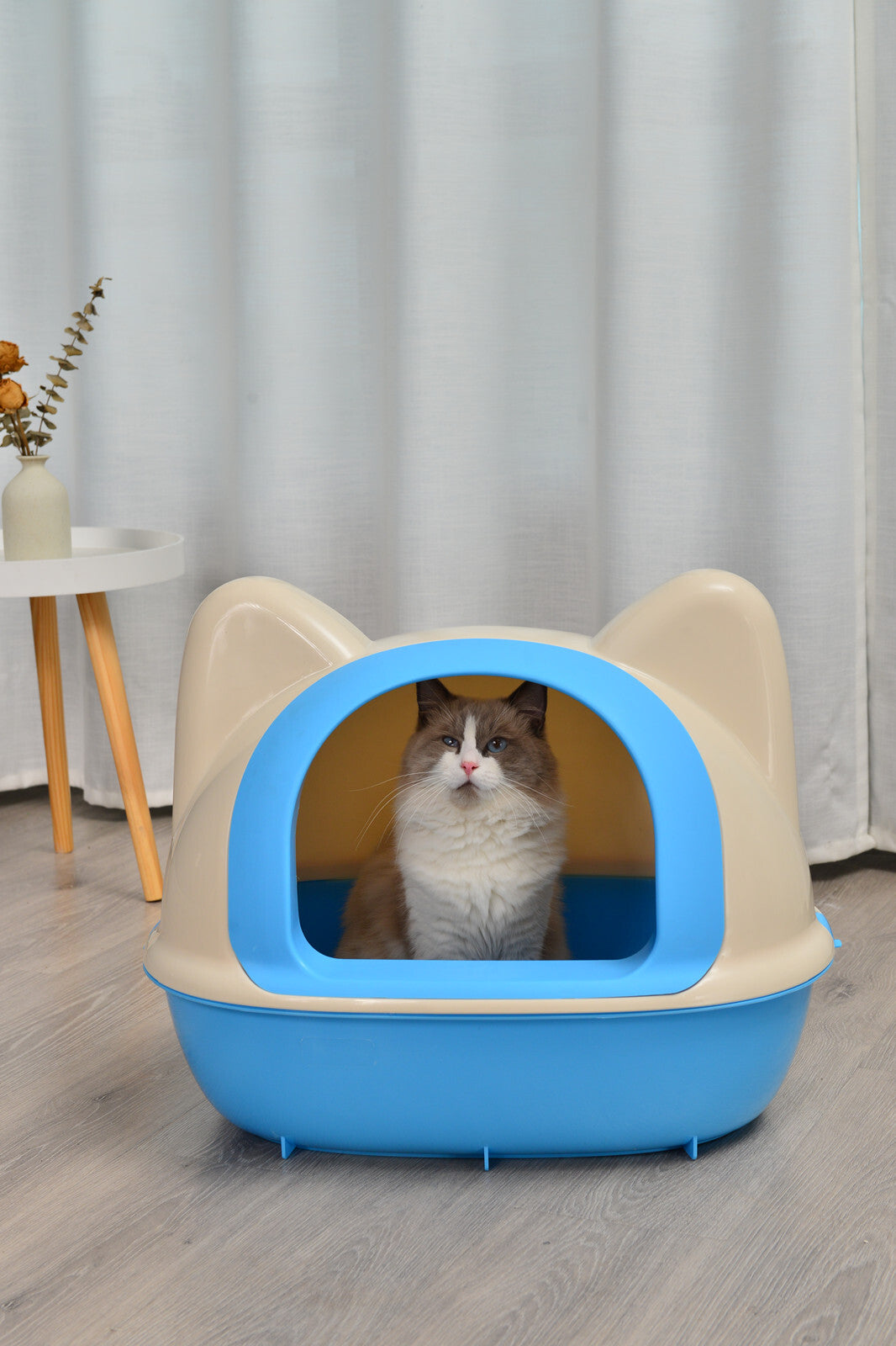 Large Hooded Cat Toilet Litter Box Tray House | With Scoop, Blue
