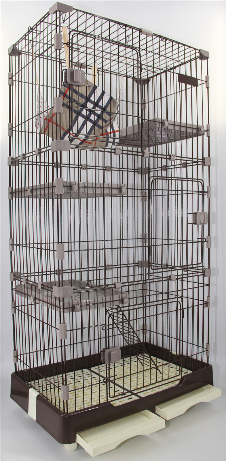 Brown Pet Cat Cage House 179cm | 4 Levels with Litter Tray & Wheel | 82x57x179 CM