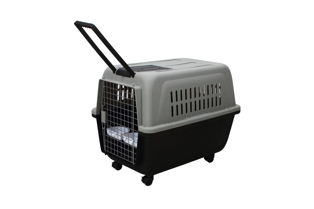 Black Plastic Kennel Pet Carrier | Dog Cat Cage Crate | Handle | Wheel
