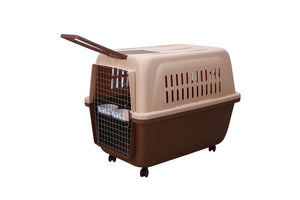 Large Plastic Kennels - Pet Carrier Dog Cat Cage Crate - Brown | With Handle and Wheel