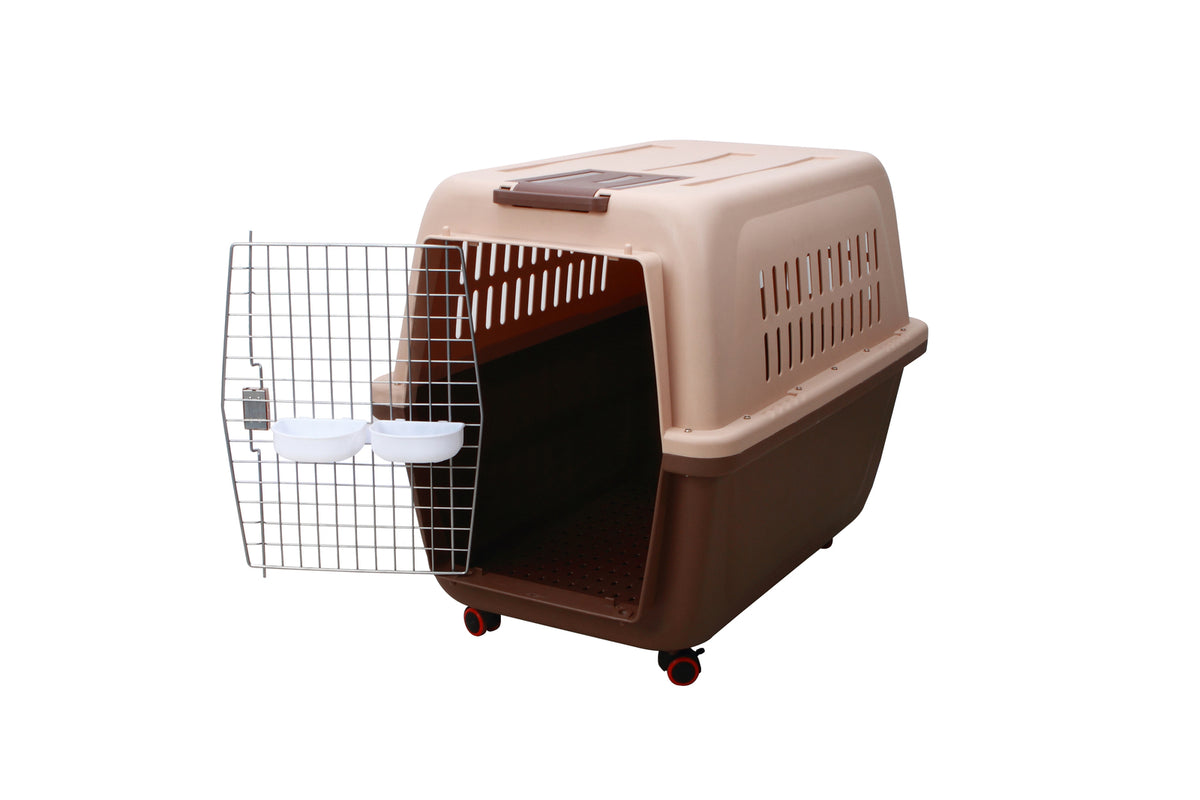 Large Plastic Kennels - Pet Carrier Dog Cat Cage Crate - Brown | With Handle and Wheel