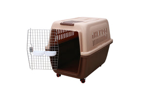 Large Plastic Kennels - Pet Carrier Dog Cat Cage Crate - Brown | With Handle and Wheel