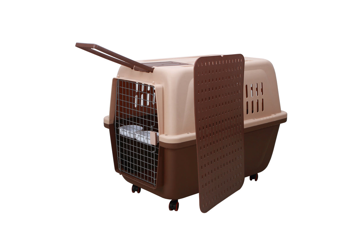 Large Plastic Kennels - Pet Carrier Dog Cat Cage Crate - Brown | With Handle and Wheel
