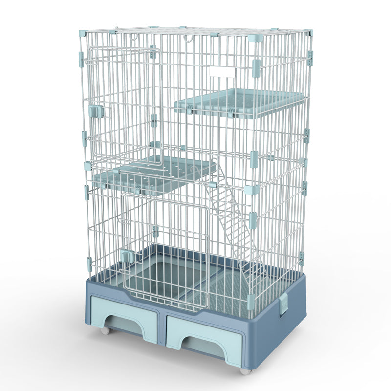 134 cm Blue Pet 3 Level Cat Cage House | Includes Litter Tray and Storage Box