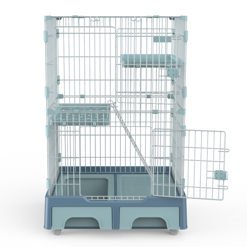 134 cm Blue Pet 3 Level Cat Cage House | Includes Litter Tray and Storage Box