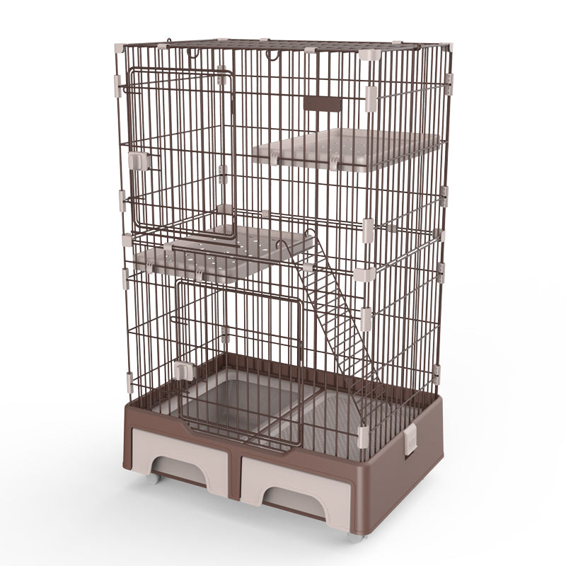 134 cm Brown Pet 3 Level Cat Cage House | Includes Litter Tray and Storage Box