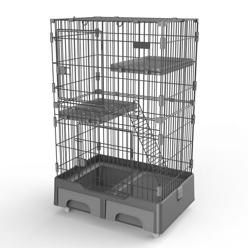 Grey 134cm 3-Level Cat Cage House with Litter Tray and Storage Box