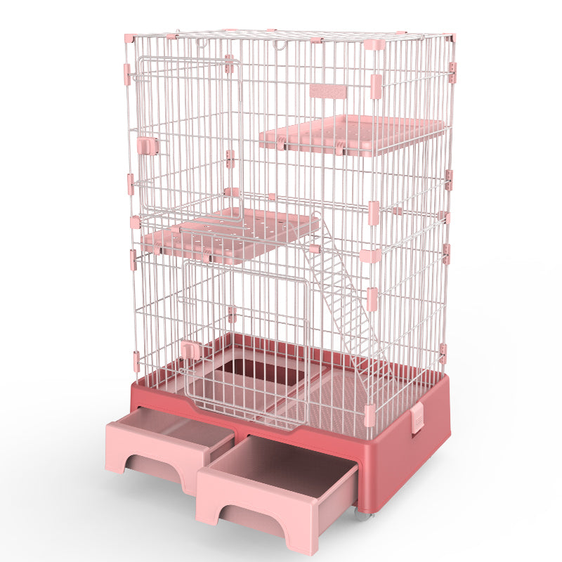 Pink 3-Level Cat Cage with Litter Tray & Storage