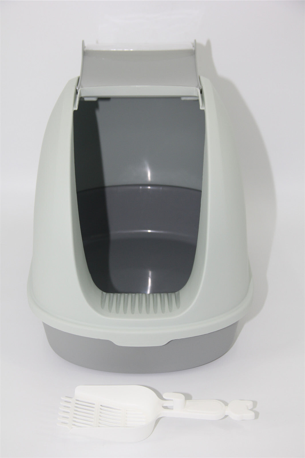 Portable Hooded Cat Toilet Litter Box Tray House | with Handle and Scoop, Grey