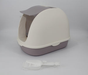Portable Hooded Cat Toilet Litter Box Tray House with Handle and Scoop | White