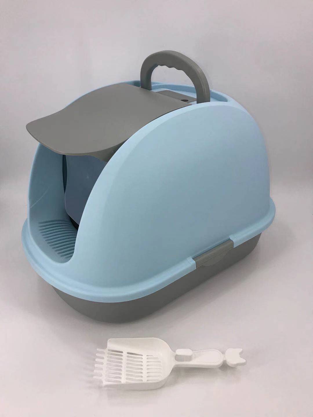XL Portable Hooded Cat Toilet Litter Box Tray House | Blue | Charcoal Filter | Scoop