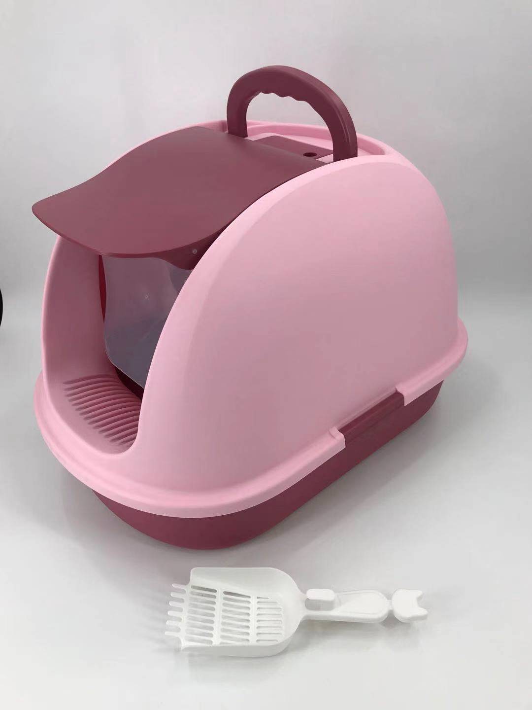 XL Portable Hooded Cat Toilet Litter Box Tray House | Pink | Charcoal Filter | Scoop