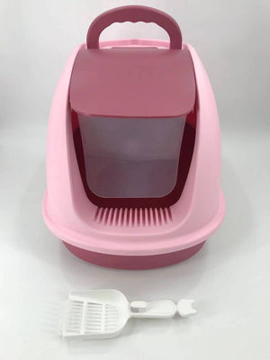 XL Portable Hooded Cat Toilet Litter Box Tray House | Pink | Charcoal Filter | Scoop