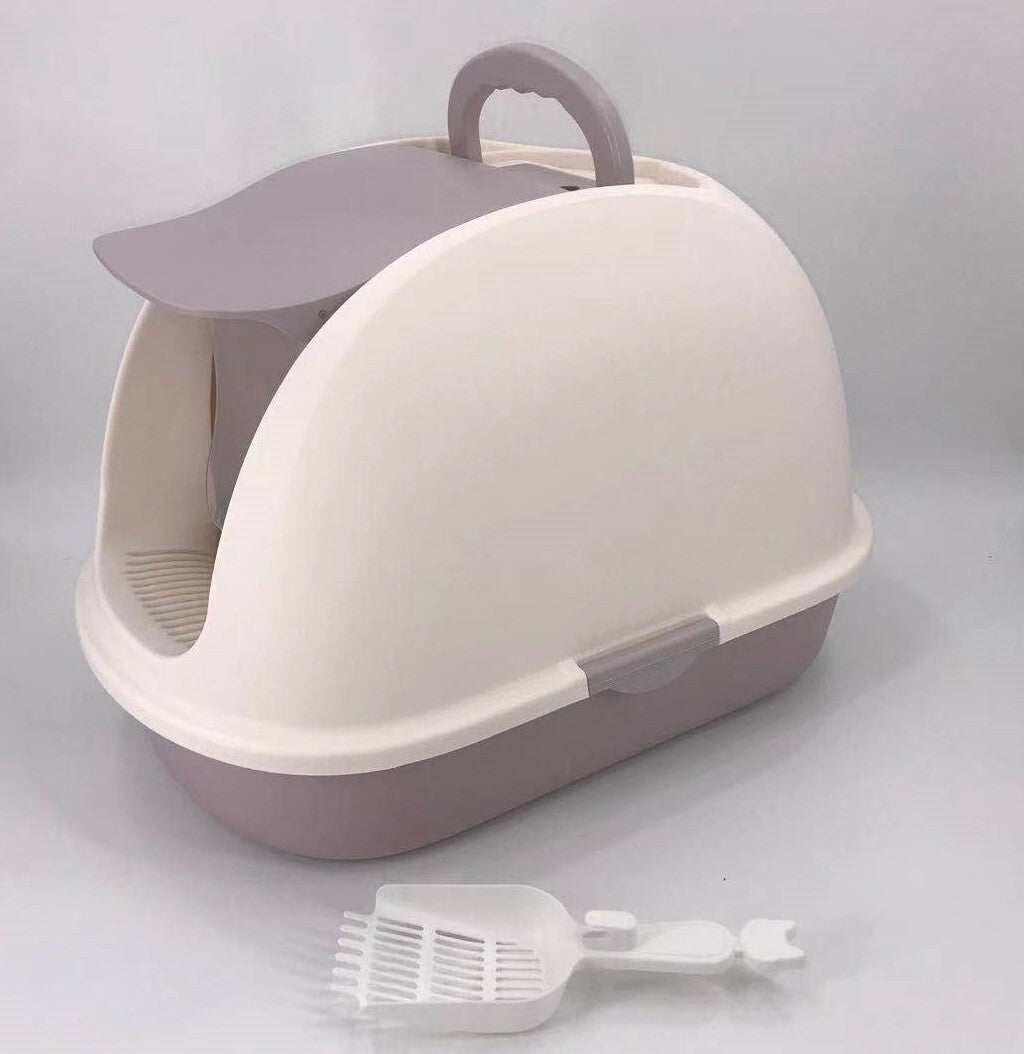 XL Portable Hooded Cat Litter Box Tray - Charcoal Filter and Scoop | House - White