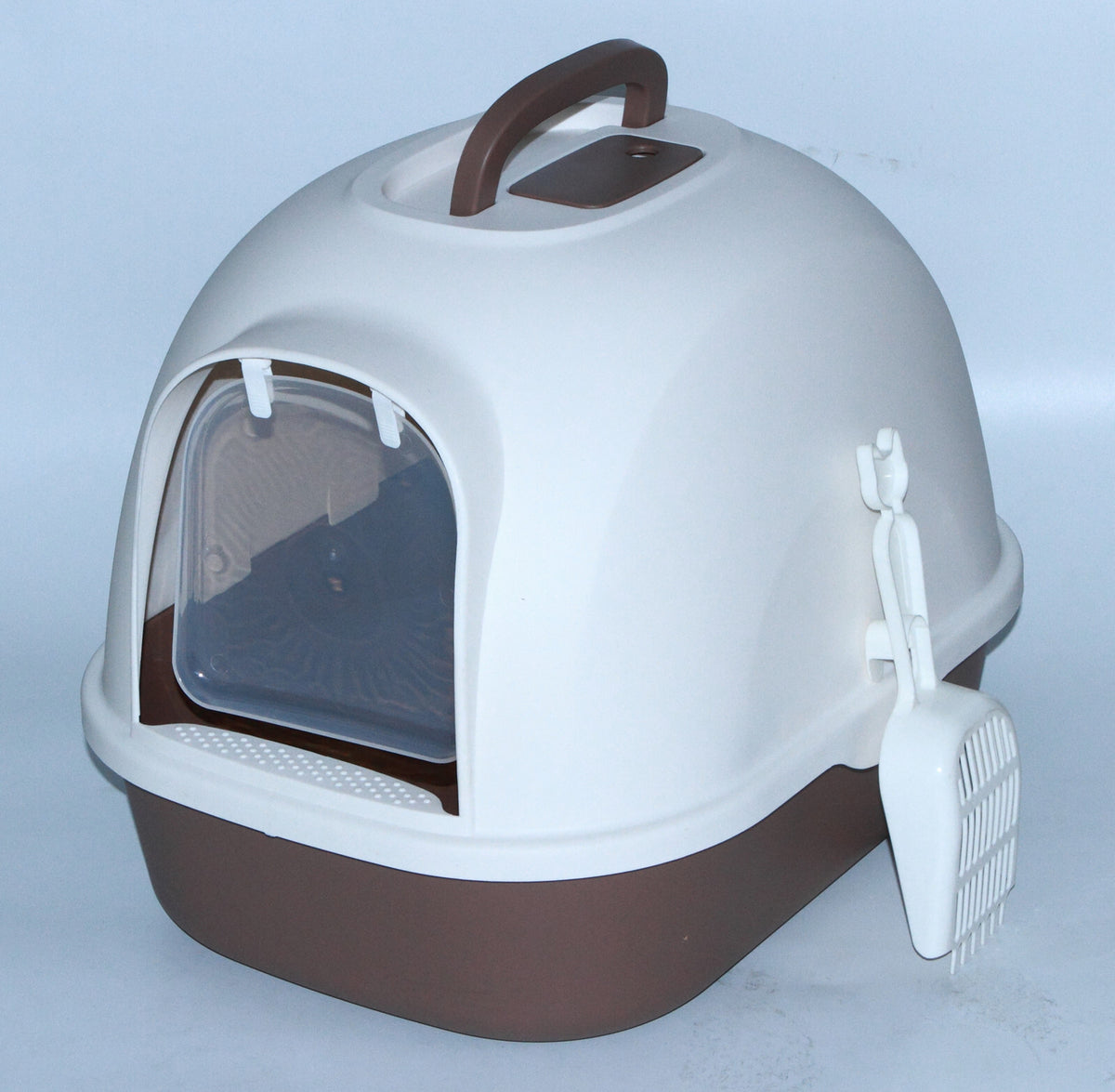 Portable Cat Litter Box with Hood, Handle, and Scoop - Brown