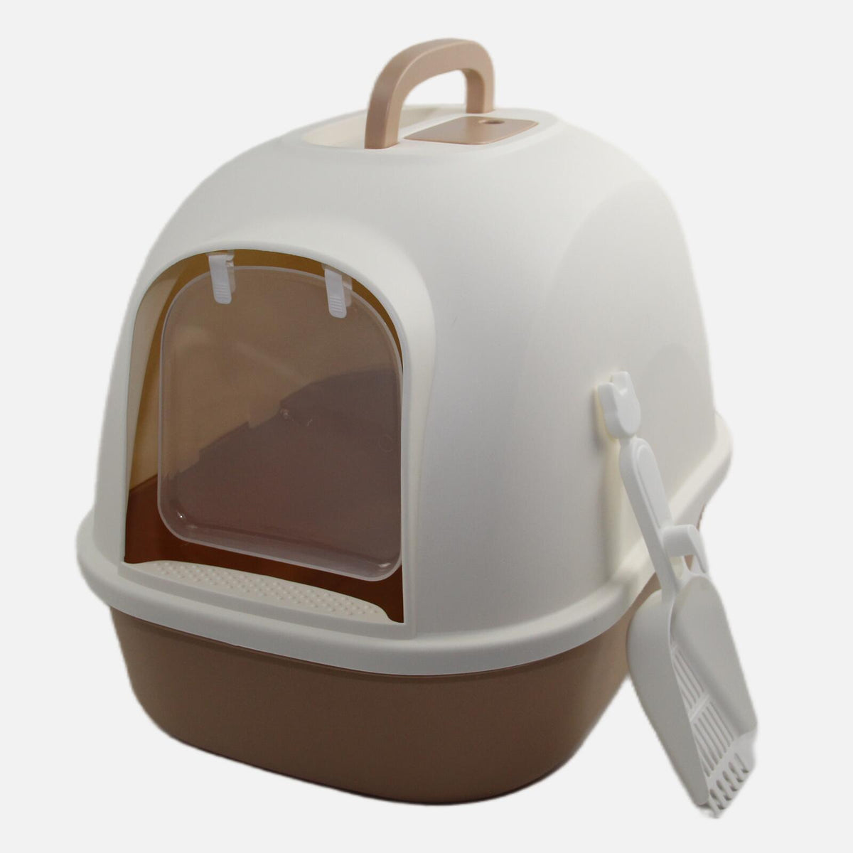 Portable Hooded Cat Toilet Litter Box Tray House | Brown | with Handle and Scoop