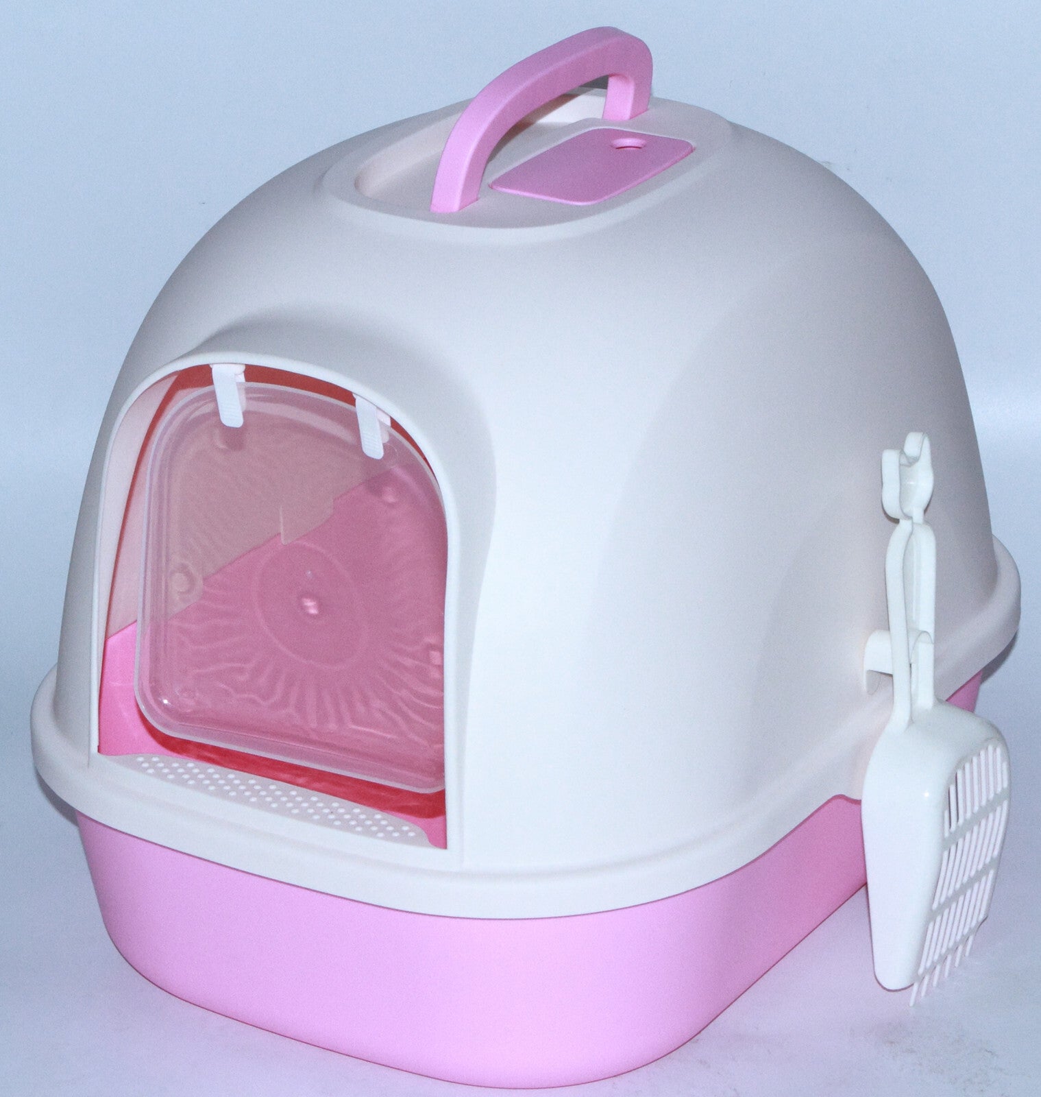 Portable Cat Litter Box with Hood, Handle, and Scoop - Pink