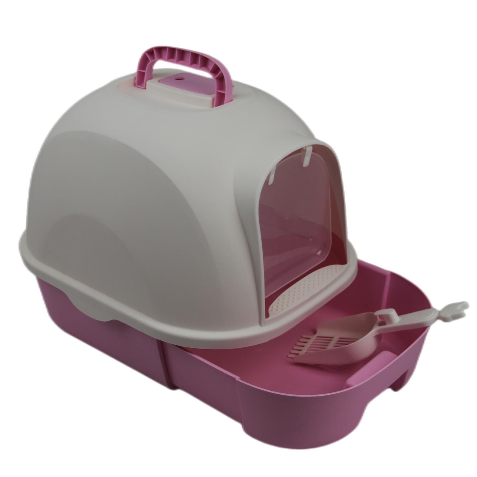 Large Hooded Cat Litter Box with Drawer, Scoop and House in Pink