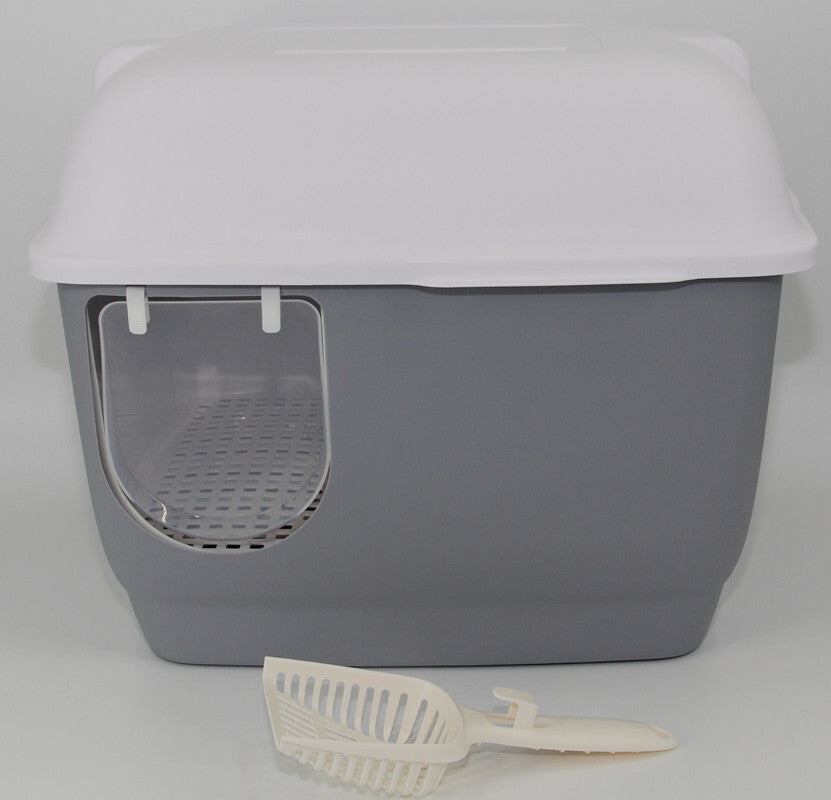 XL Portable Hooded Cat Toilet Litter Box Tray House | Grey with Handle and Scoop