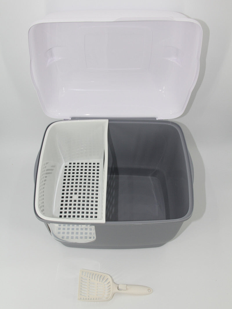 XL Portable Hooded Cat Toilet Litter Box Tray House | Grey with Handle and Scoop