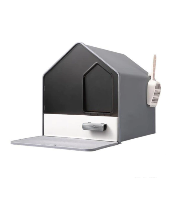 Grey Portable Hooded Cat Litter Box Tray House | Drawer | Scoop