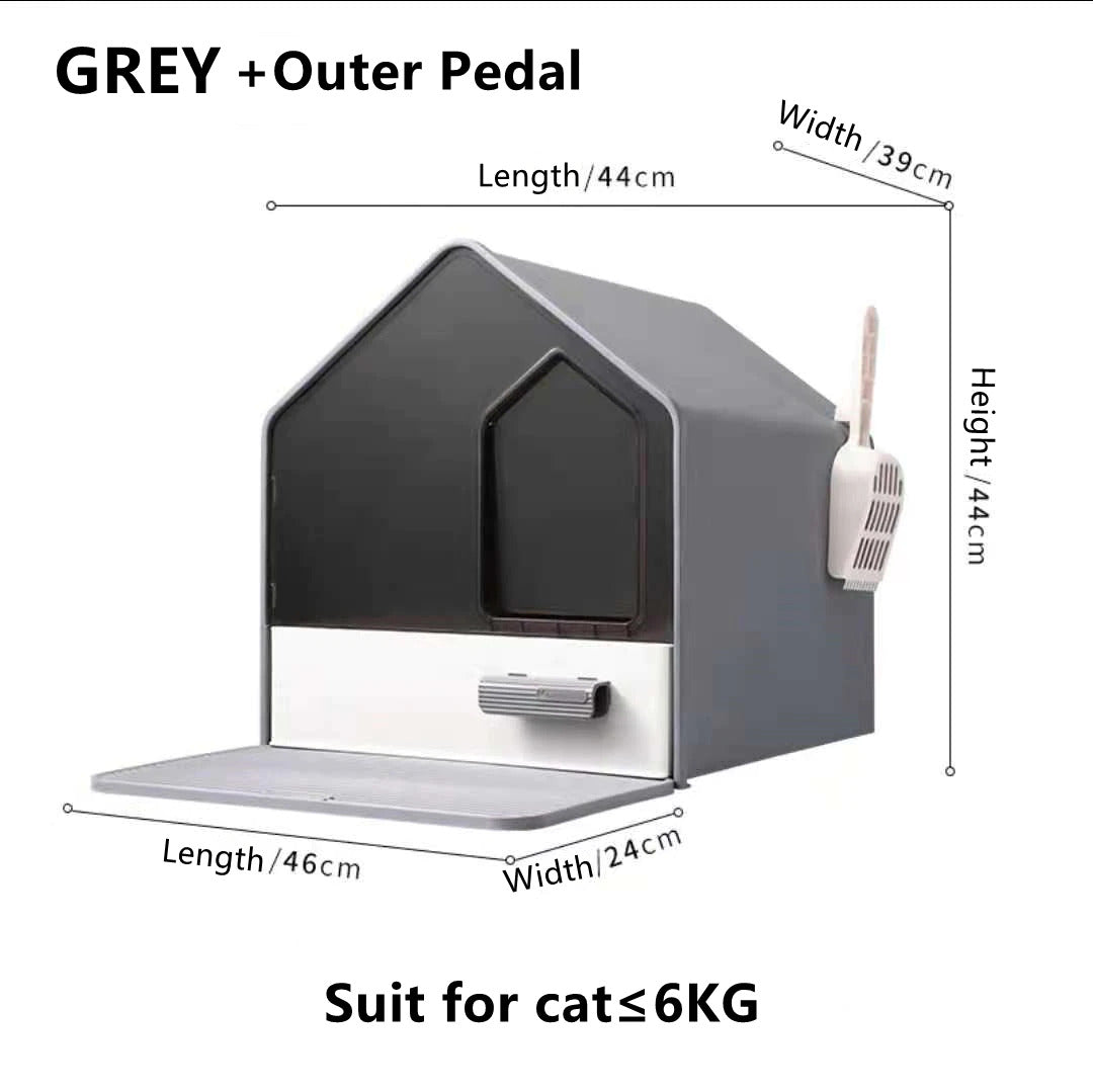 Grey Portable Hooded Cat Litter Box Tray House | Drawer | Scoop