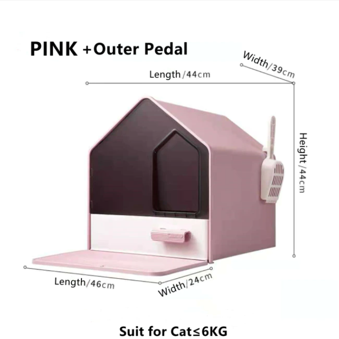L Portable Hooded Cat Toilet Litter Box Tray House with Drawer and Scoop | Pink