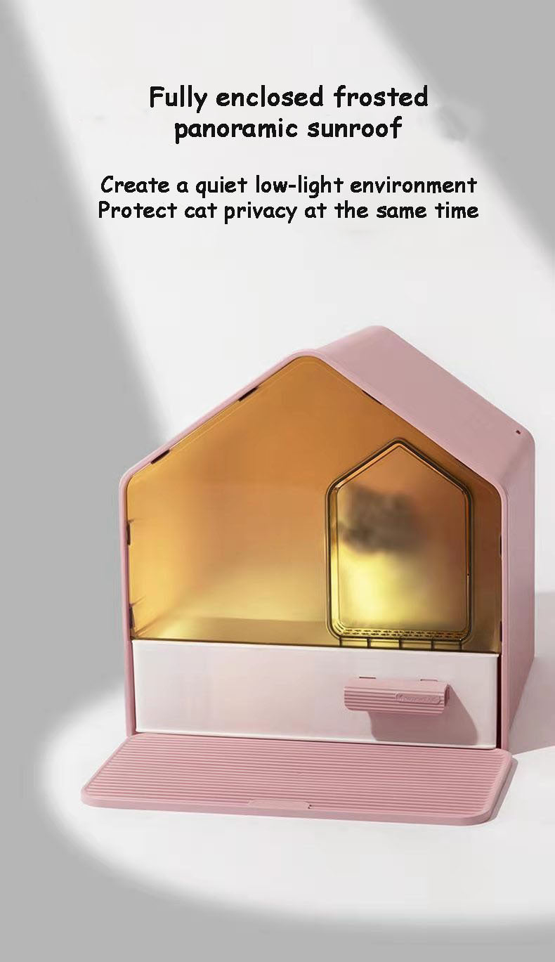 L Portable Hooded Cat Toilet Litter Box Tray House with Drawer and Scoop | Pink