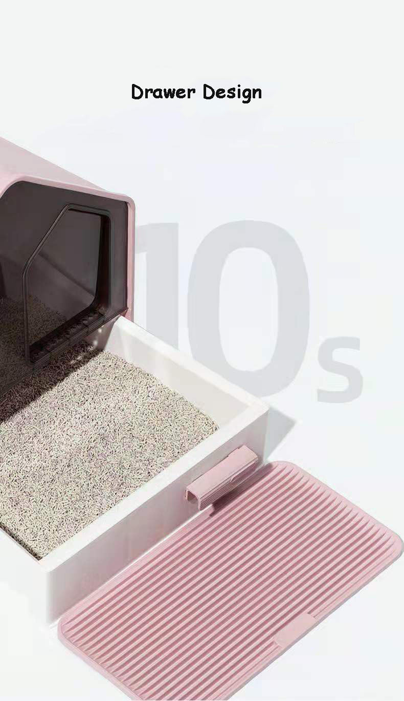 L Portable Hooded Cat Toilet Litter Box Tray House with Drawer and Scoop | Pink