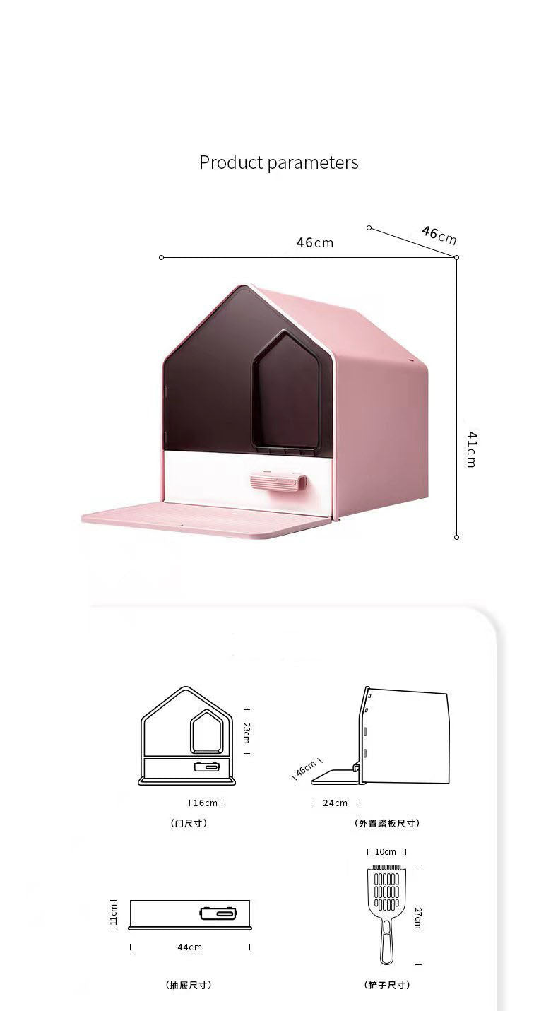 L Portable Hooded Cat Toilet Litter Box Tray House with Drawer and Scoop | Pink