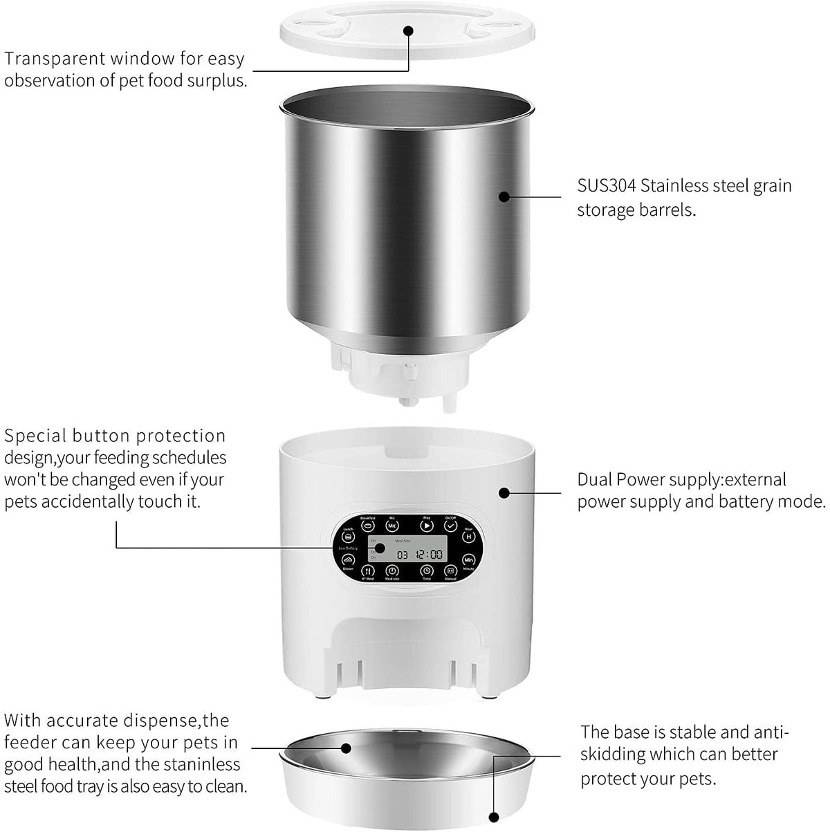 Electric Automatic Pet Dog Cat Rabbit Feeder Stainless Steel | 3L Dispenser