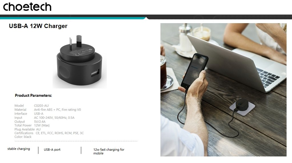12W USB-A AC Adapter | C0203 | AU Standard