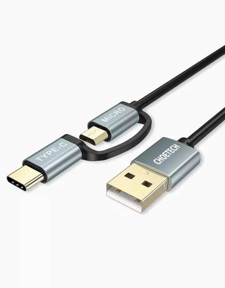 2-in-1 USB Cable | 1.2m | Micro USB + Type C | Charge & Sync