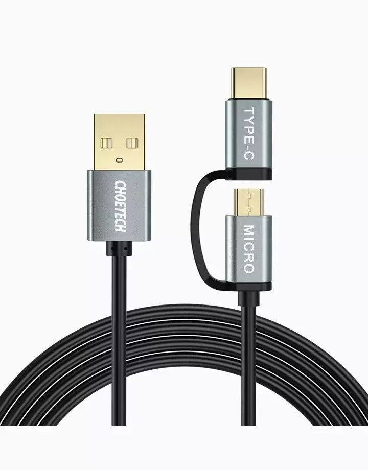 2-in-1 USB Cable | 1.2m | Micro USB + Type C | Charge & Sync