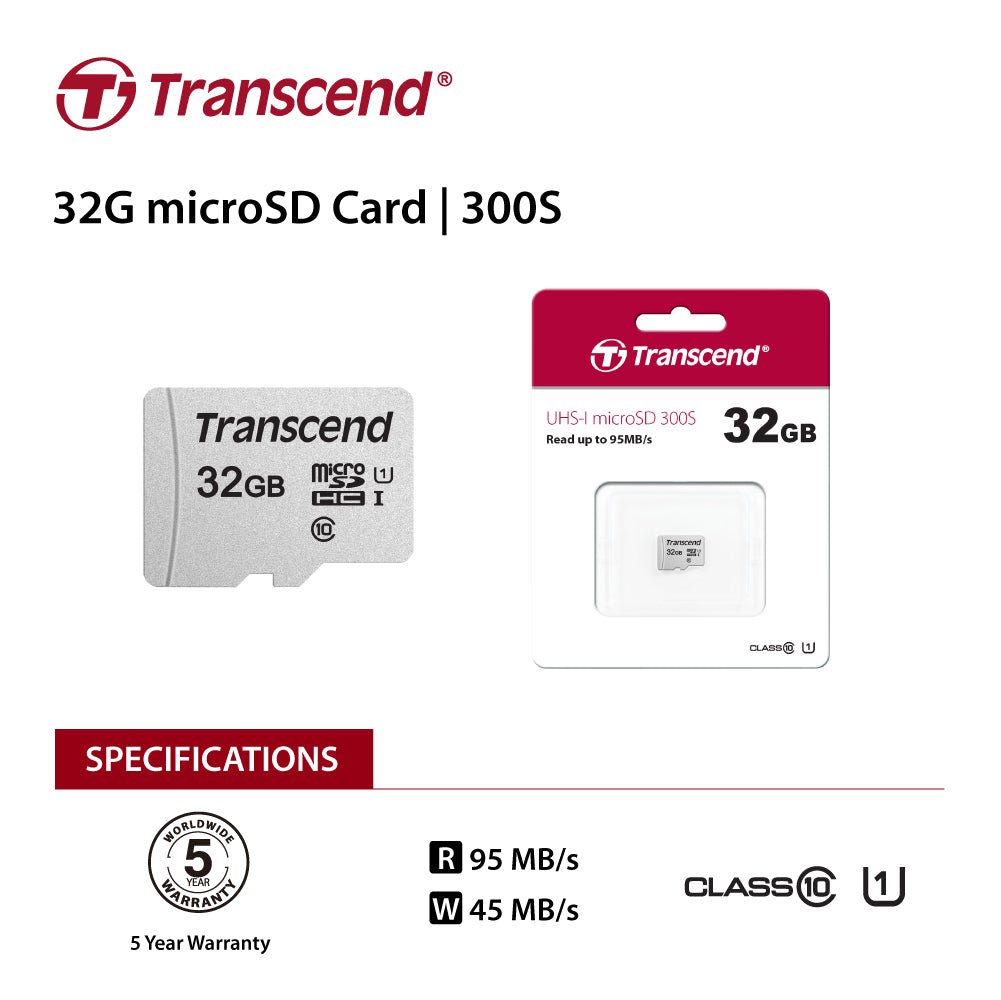 TRANSCEND TS32GUSD300S 32GB UHS-I U1 microSD w/o Adapter (microSDHC I, C10, U1)