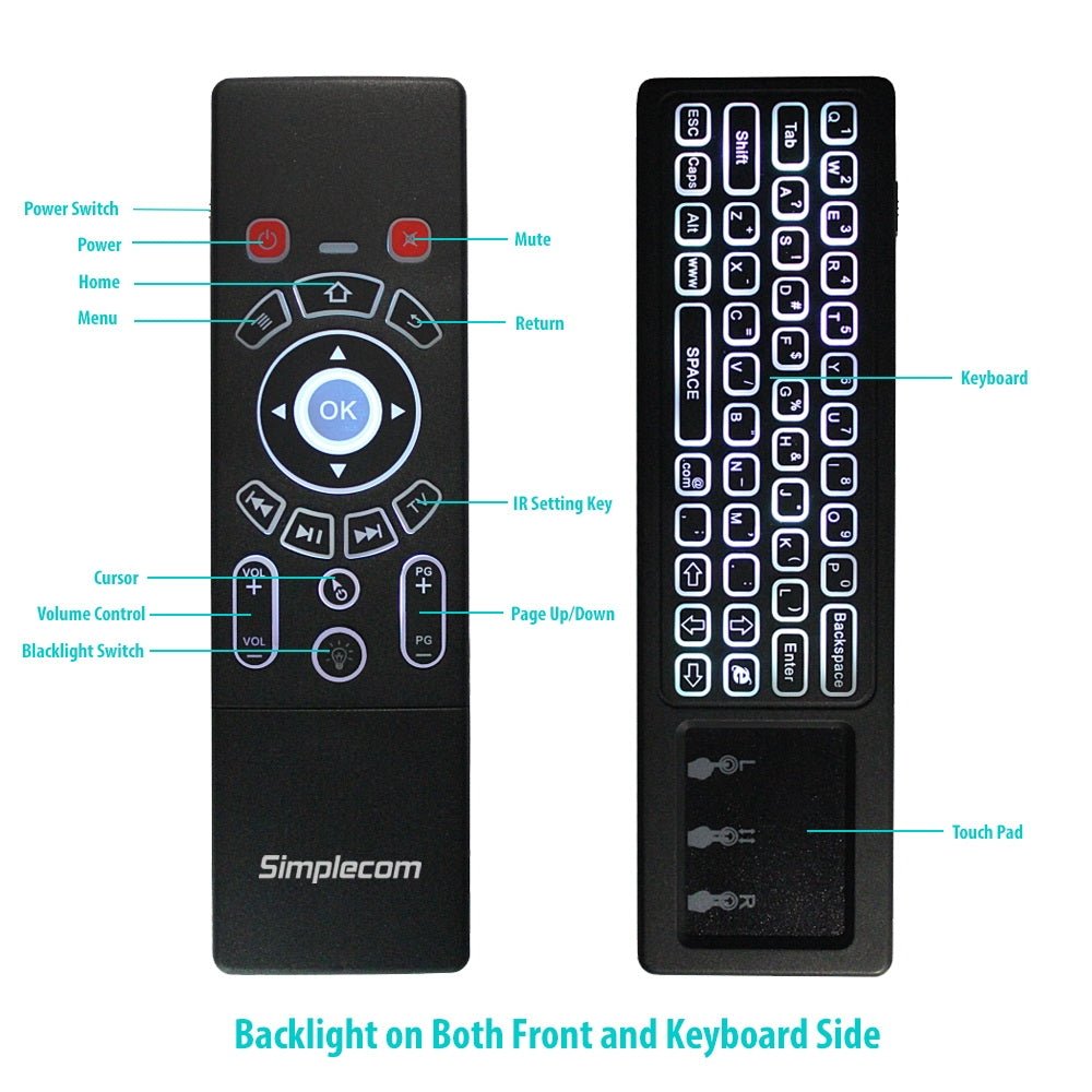 Remote Air Mouse Keyboard | Simplecom RT250 | Rechargeable | 2.4GHz | Wireless | Touch Pad | Backlight