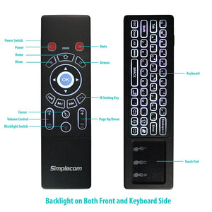 Remote Air Mouse Keyboard | Simplecom RT250 | Rechargeable | 2.4GHz | Wireless | Touch Pad | Backlight